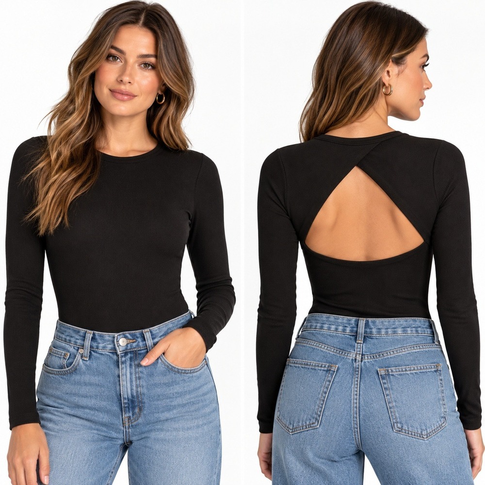 The Range Ribbed Cross Back Crewneck Bodysuit Womens L Black Cutout Made Canada